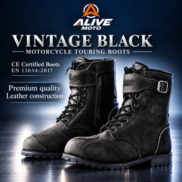 Vintage Black Motorcycle Touring Boots CE EN 13634:2017 Waterproof Leather Riding Boots