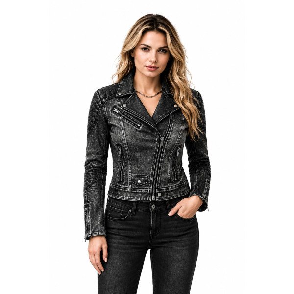 Black Smoke lady washed Motorcycle Denim Jacket