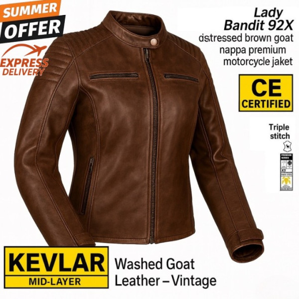 Lady Bandit 92X distressed brown goat nappa premium motorcycle leather jacket