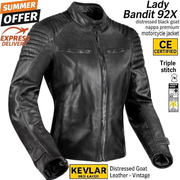Lady Bandit 92X distressed black Goat nappa CE premium motorcycle leather jacket