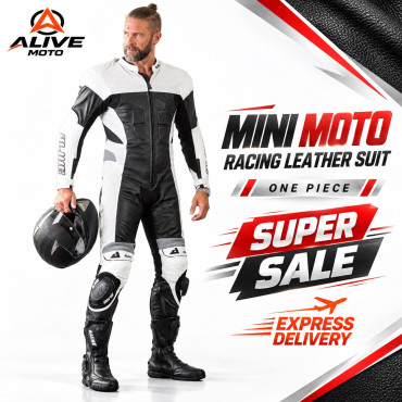 Mini Moto Racing Leather Suit – One-Piece Black White Motorcycle Suit – Alive Moto