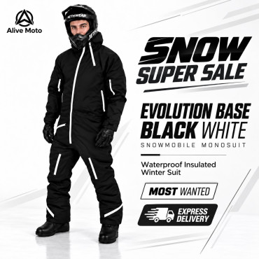 Evolution Base Black White Snowmobile Monosuit – Waterproof Insulated Winter Suit – Alive Moto