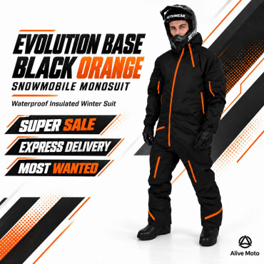 Evolution Base Black Orange Snowmobile Monosuit – Waterproof Insulated Winter Suit – Alive Moto
