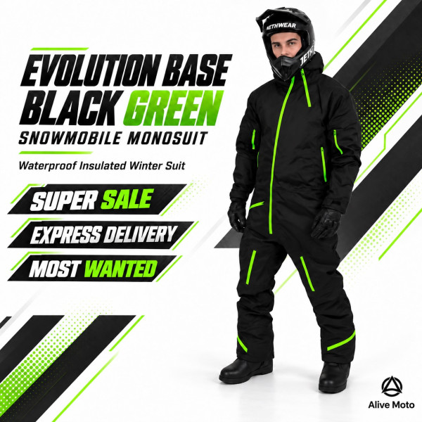 Evolution Base Black Green Snowmobile Monosuit – Waterproof Insulated Winter Suit - Alive Moto 