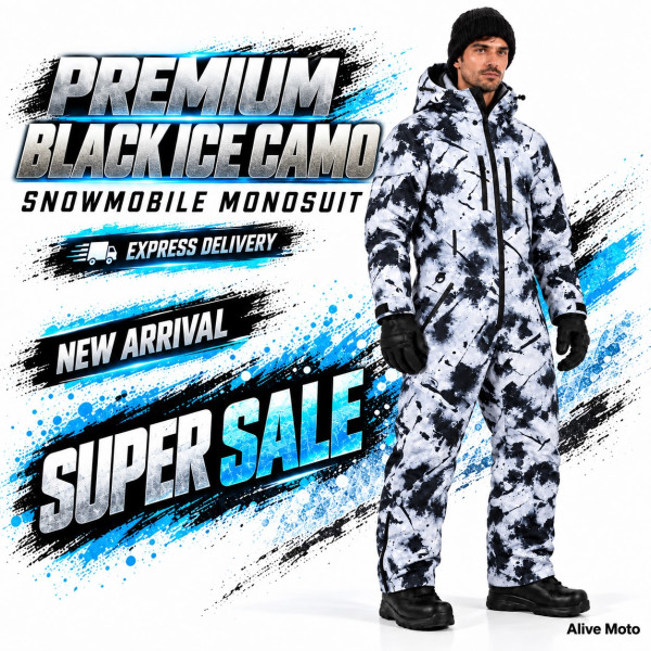 Black Ice Camo Snowmobile Monosuit – Waterproof Insulated Winter Suit – Alive Moto