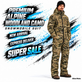 Alpine Woodland Camo Snowmobile Monosuit – Waterproof Insulated Winter Suit – Alive Moto