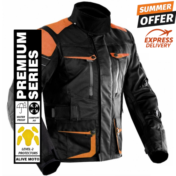Premium Dynatech Orange Flour Black motorcycle textile all-weather jacket