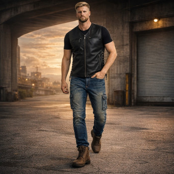 Titan Cruiser Urban Rider Outfit – Titan-Flow Leather Vest & Cargo Cruiser V2 CE Motorcycle Jeans
